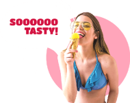 cute girl in bikini and sunglasses is eating tasty ice-cream